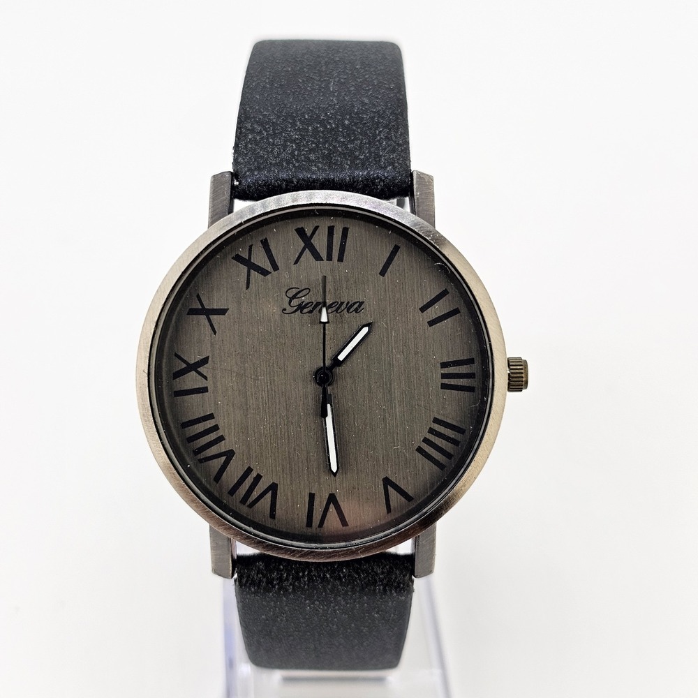Men's Watch 40MM Roman Numerals Dark Gray Dial Faux Leather Bands New Battery